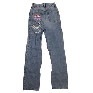 PacSun Playboy Womens High Rise Straight Leg Distressed Blue Jeans Size 27 Logo